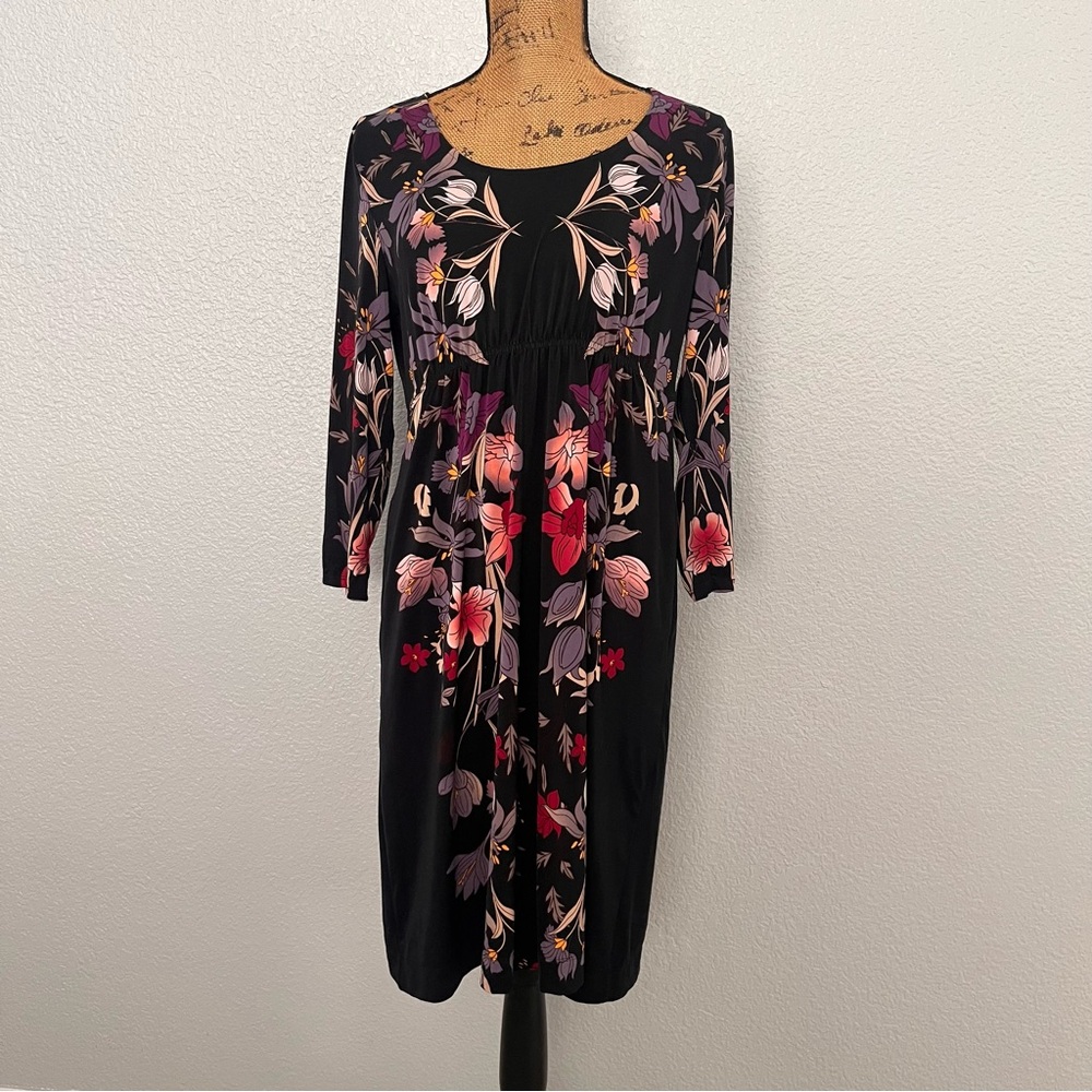 Soma Black Dress with Pink and Purple Floral Design has pockets size medium